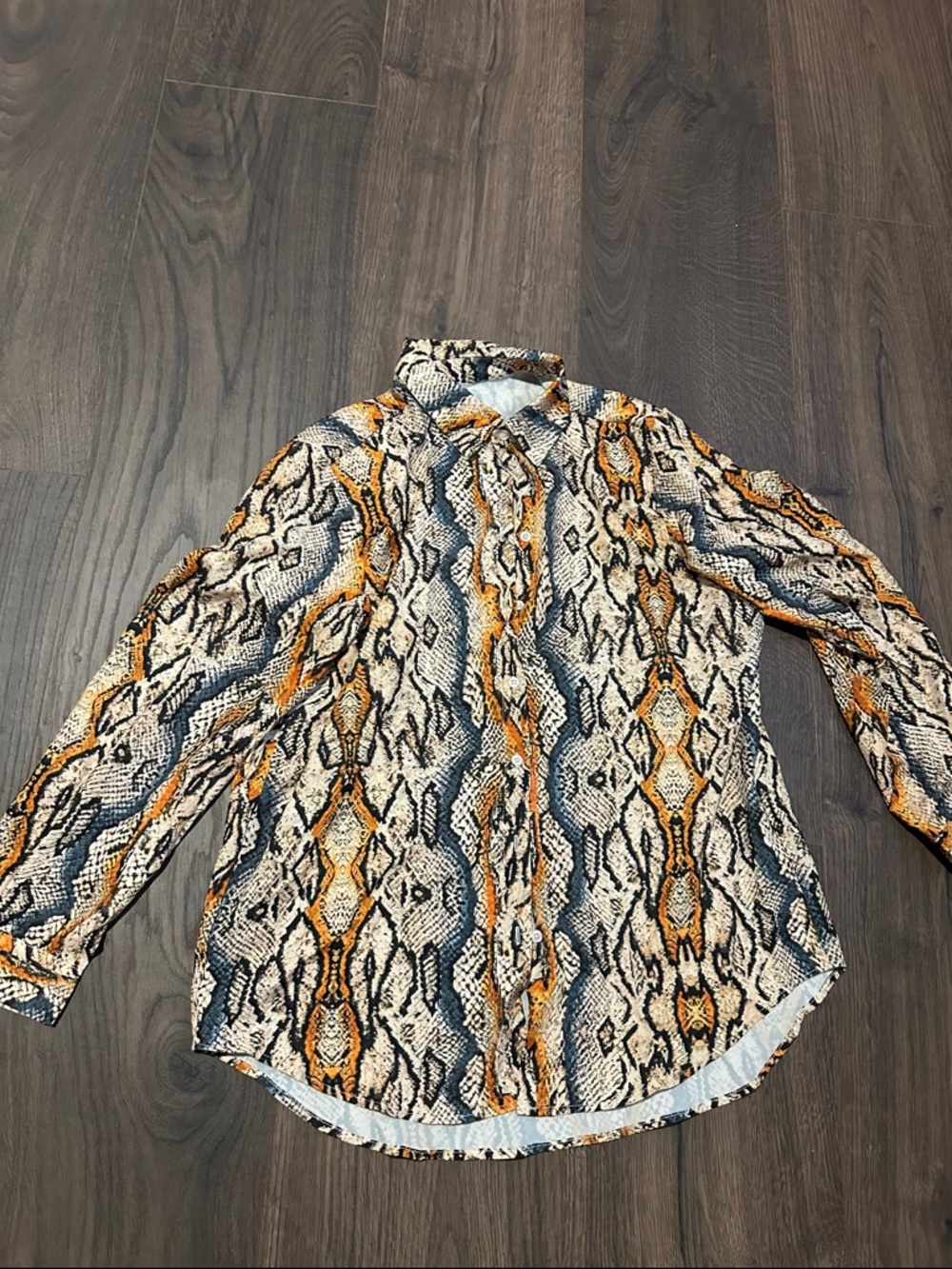 Men's Long-Sleeve Snake Print Button-Up Shirt - Orange/Black